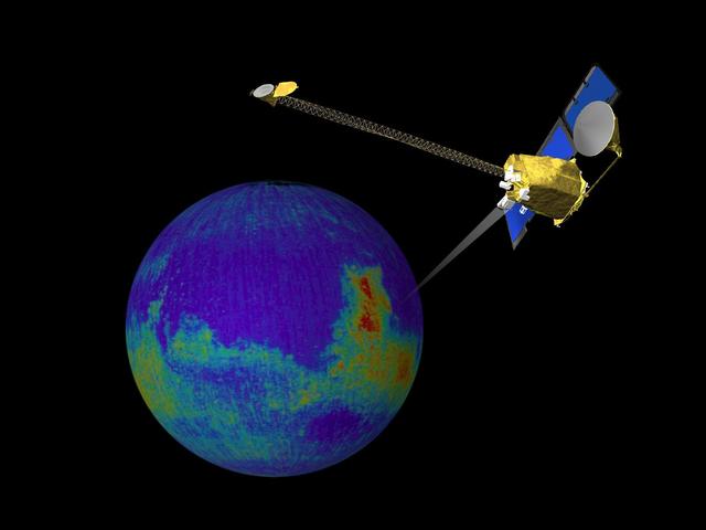 This image is a single frame from a computer animation, which begins with a global view of the planet Mars created from images by NASA Mars Odyssey. Color is used to emphasize the Martian topographic, andesite, and basalt compositional differences.