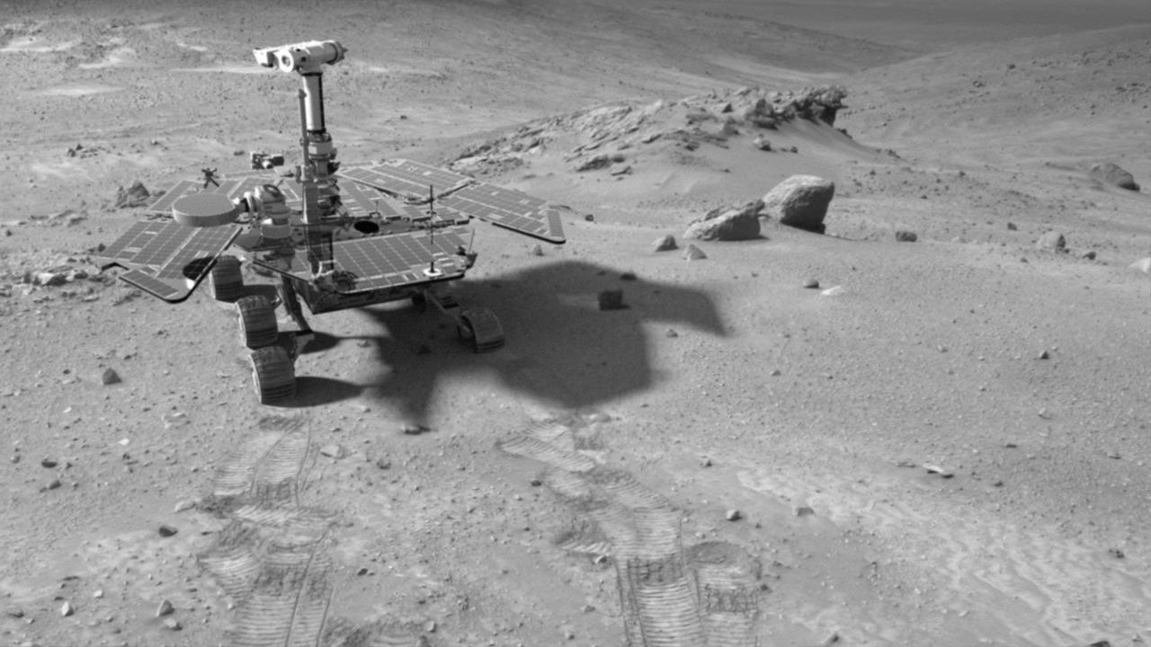 This synthetic image of NASA Spirit Mars Exploration Rover in the Columbia Hills was produced using Virtual Presence in Space technology.