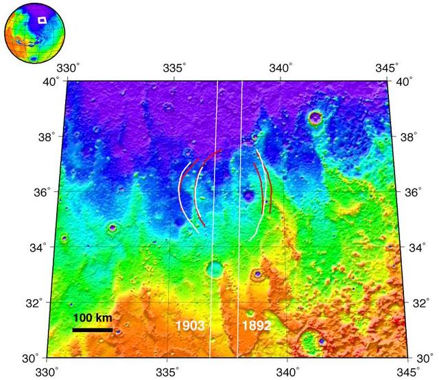 NASA image: Topographic Map of Chryse Planitia with Location of Possible Buried Basin