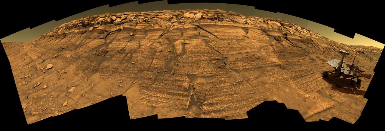 Synthetic image of the Opportunity Mars Exploration Rover inside on Burns Cliff produced using Virtual Presence in Space technology.