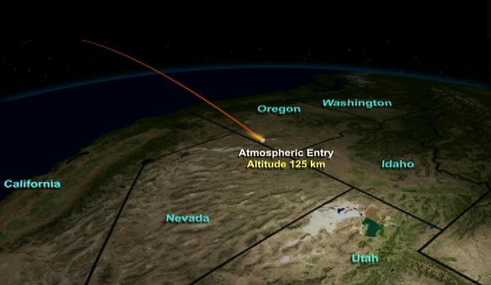 This animation illustrates the path the Stardust return capsule will follow once it enters Earth atmosphere.