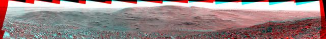 NASA Mars Exploration Rover Spirit obtained this stereo panorama of the surrounding Martian terrain in Gusev Crater . 3D glasses are necessary to view this image.