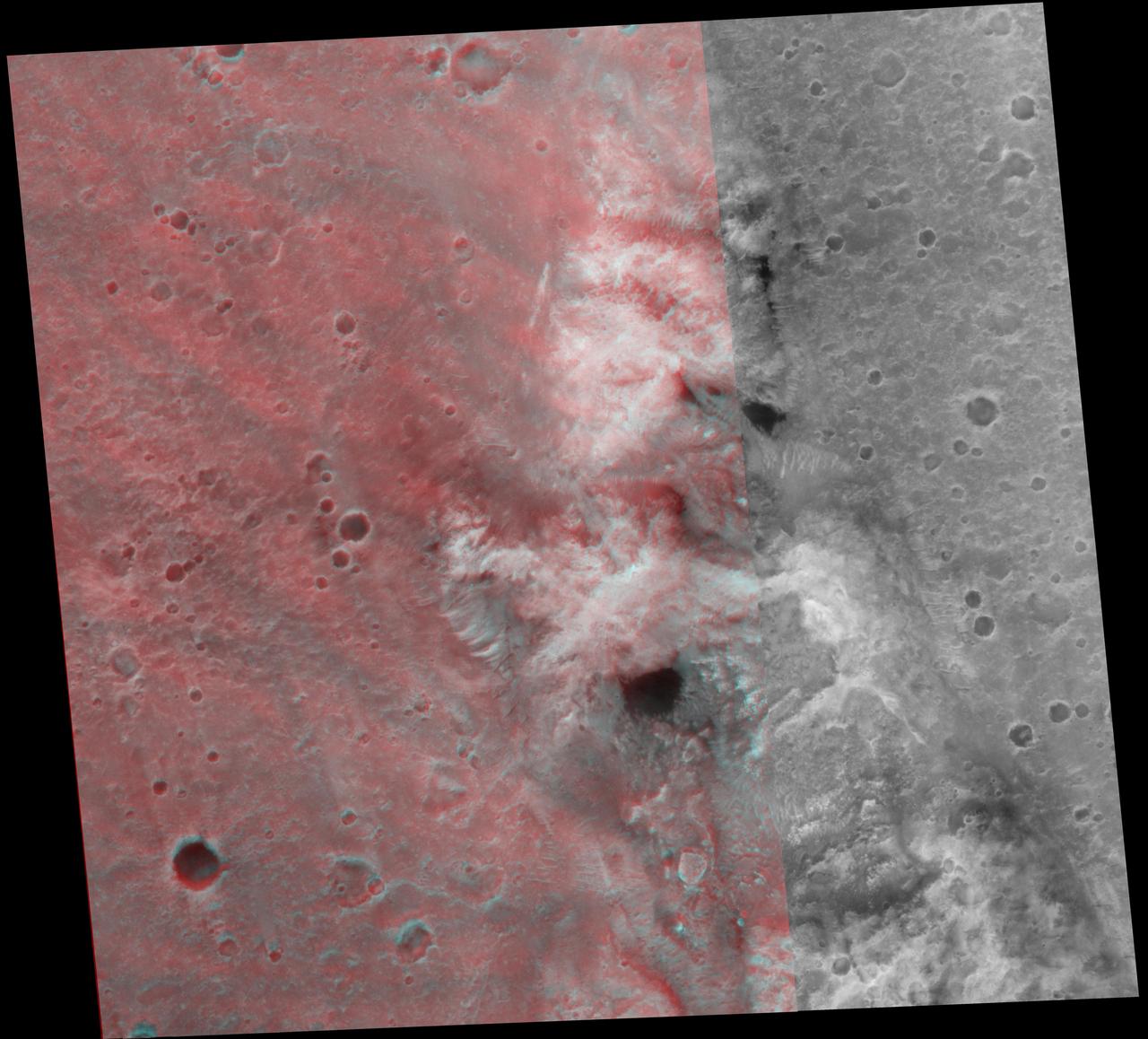This stereo image mosaic from NASA Mars Global Surveyor is of Columbia Hills. 3D glasses are necessary to view this image.