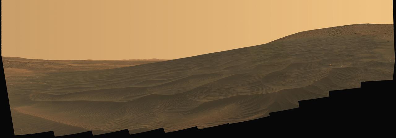 NASA Mars Exploration Rover Spirit welcomed the beginning of 2006 on Earth by taking this striking panorama of intricately rippled sand deposits in Gusev Crater on Mars.