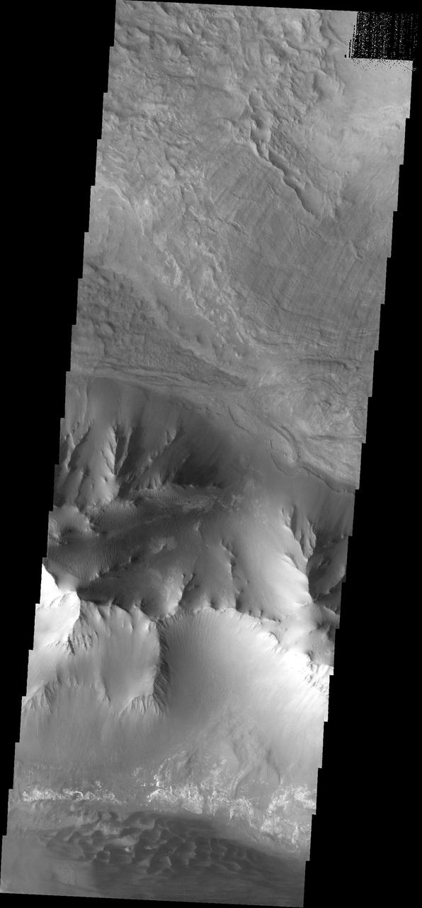 This image shows paret of the west end of Melas Chasma. Landslide deposits  are visible at the top of the image, with dark dunes appearing at the  bottom