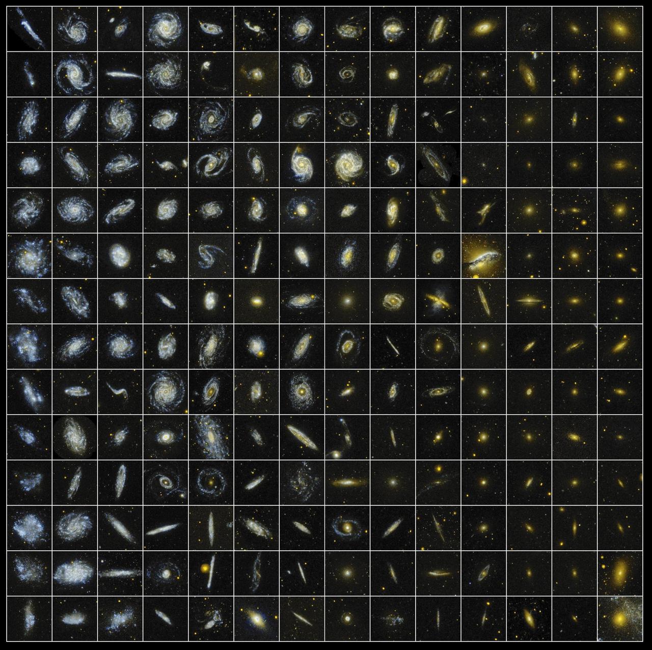 From sparkling blue rings to dazzling golden disks and mined from NASA Galaxy Evolution Explorer Survey of Nearby Galaxies data, these cosmic gems were collected with the telescope sensitive ultraviolet instruments.