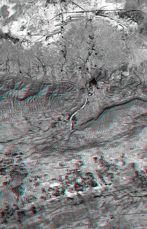 This anaglyph NASA Shuttle Radar Topography Mission, shows the Haro and Kas Hills of the Kachchh region in western India. 3D glasses are necessary to view this image.