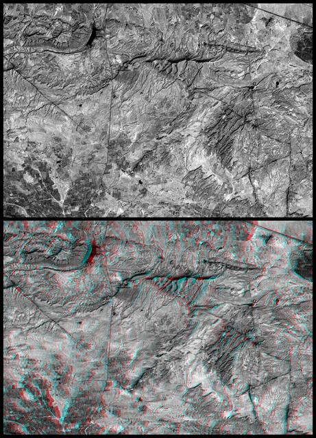 NASA image: SRTM Anaglyph: Roads versus Dikes near Bhuj, India