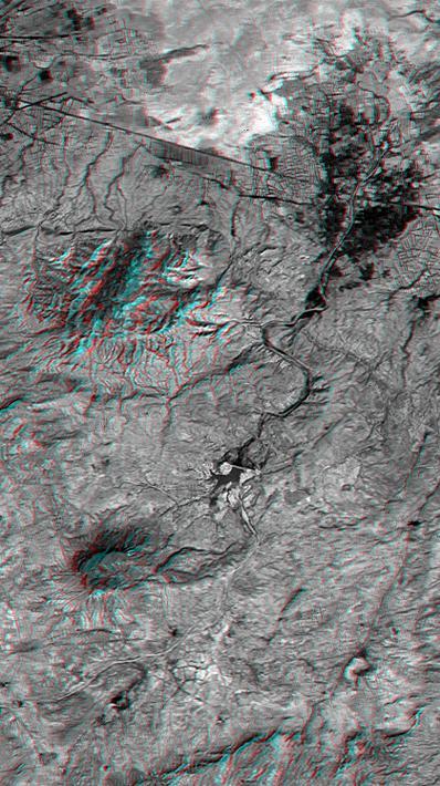 This anaglyph NASA Shuttle Radar Topography Mission, shows the city of Bhuj, India. 3D glasses are necessary to view this image.