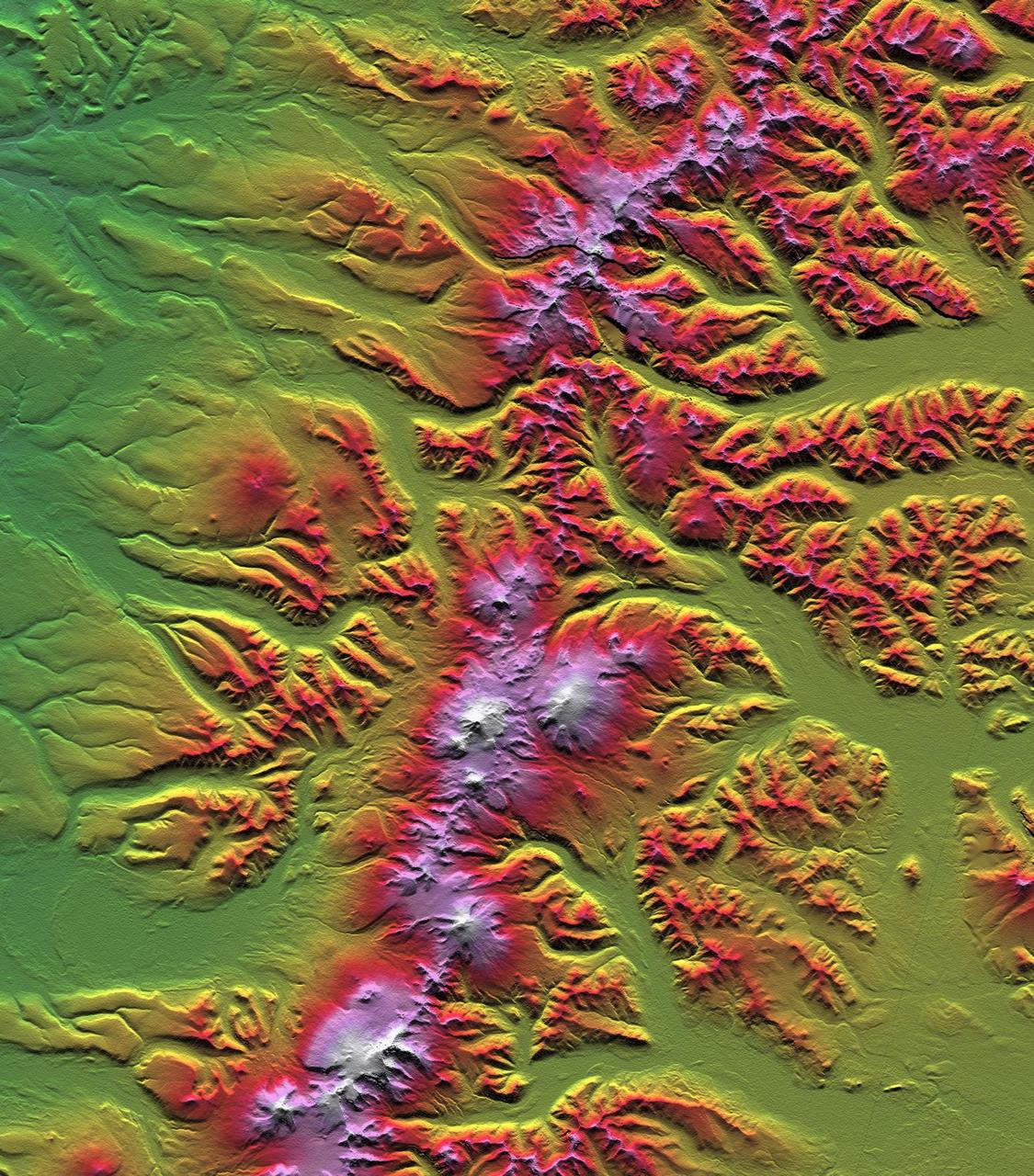 The Kamchatka Peninsula in eastern Russia is shown in this scene created from a preliminary elevation model derived from the first data collected during NASA Shuttle Radar Topography Mission SRTM on February 12, 2000.