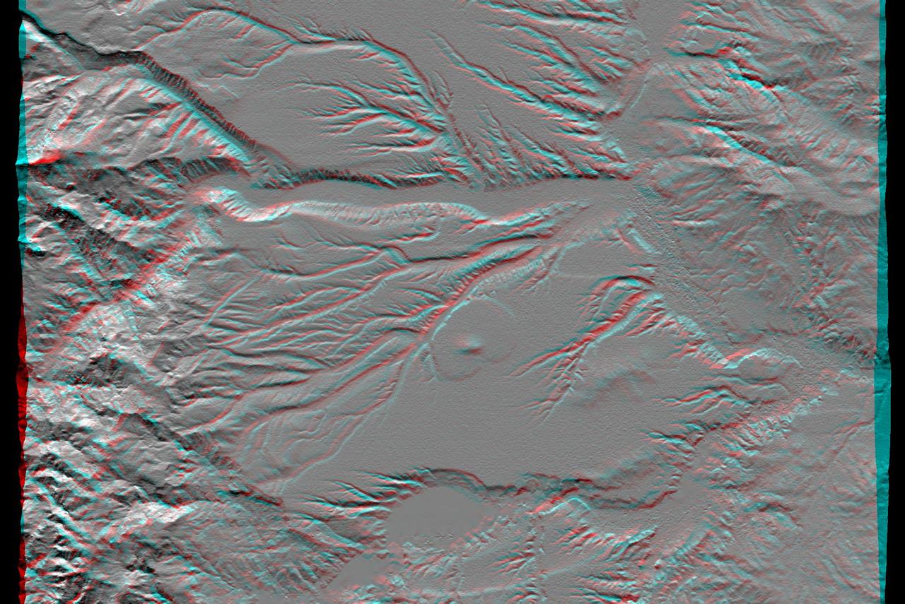 This anaglyph, from NASA Shuttle Radar Topography Mission, shows the eastern flank of the Andes Mountains, southeast of San Martin de Los Andes, Argentina. 3D glasses are necessary to view this image.