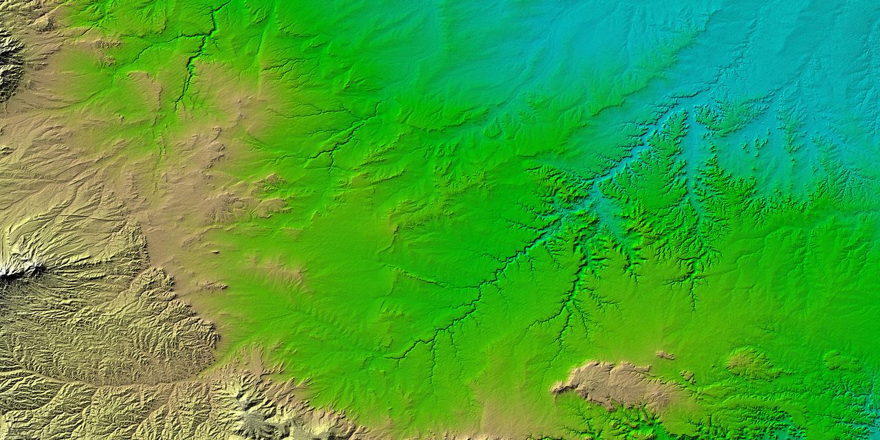 Erosional features are prominent in this view of southern Colorado taken NASA Shuttle Radar Topography Mission SRTM. The area covers about 20,000 square kilometers and is located about 50 kilometers south of Pueblo, Colorado.