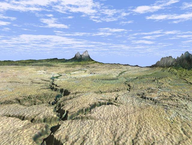 NASA image: SRTM Perspective View with Landsat Overlay: Cucharas Canyon & Spanish Peaks, Colorado