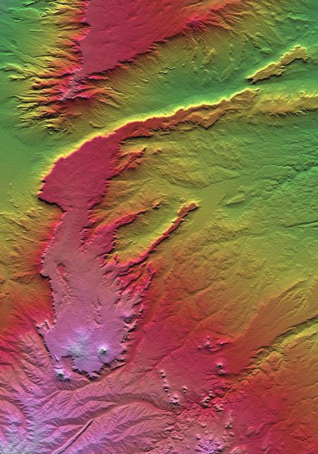NASA image: SRTM Colored Height and Shaded Relief: Lava plateaus in Argentina