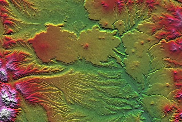 The interplay of volcanism, stream erosion and landslides is evident in this Shuttle Radar Topography Mission view of the eastern flank of the Andes Mountains, southeast of San Carlos de Bariloche, Argentina.