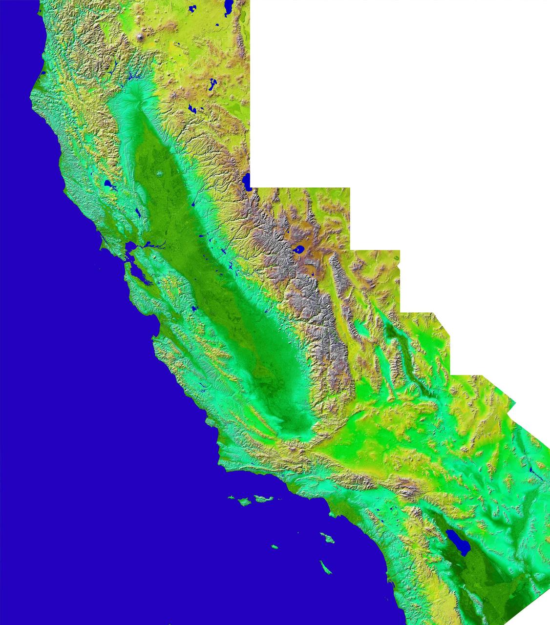 The diversity of landforms that make up the state of California is evident in this new [sic] rendition of the 3-D topography of the state.