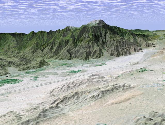 The city of Palm Springs nestles at the base of Mount San Jacinto in this computer-generated perspective viewed from the east.