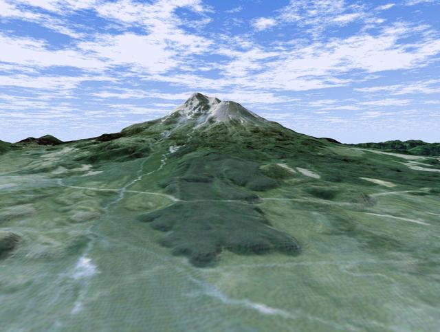 The volcanic nature of Mount Shasta is clearly evident in this computer-generated perspective viewed from the northwest.