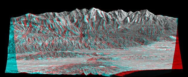 Mount San Antonio more commonly known as Mount Baldy crowns the San Gabriel Mountains northeast of Los Angeles, Calif., in this anaglyph from NASA Shuttle Radar Topography Mission. 3D glasses are necessary to view this image.