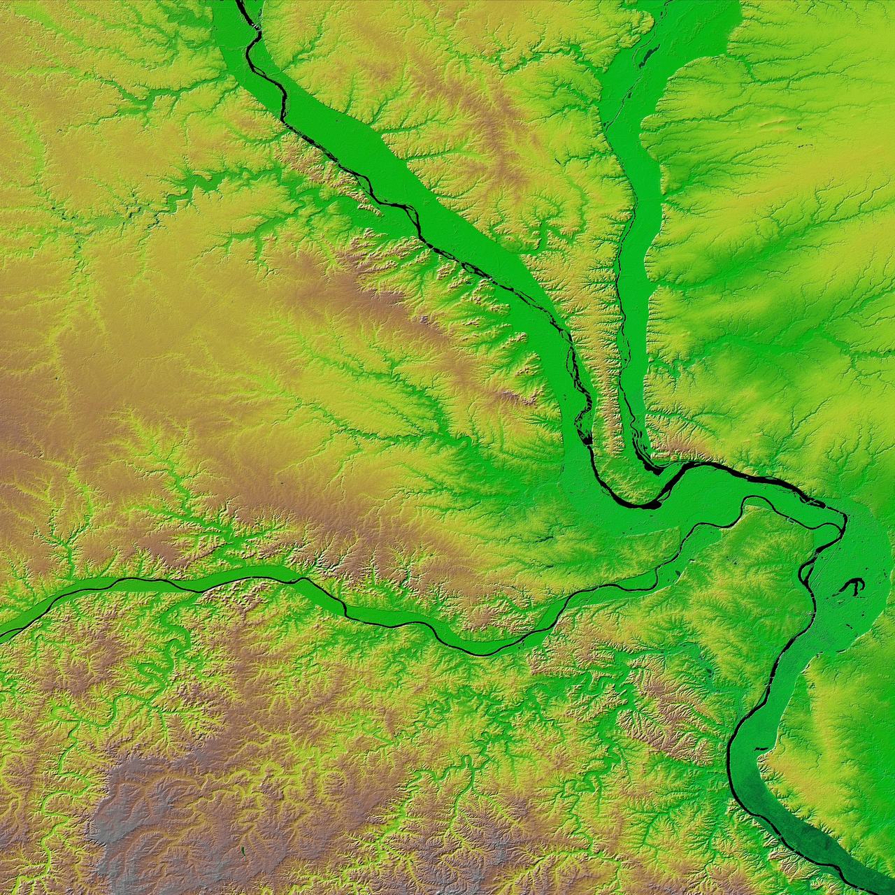 The confluence of the Mississippi, Missouri and Illinois rivers are shown in this view of the St. Louis area from NASA Shuttle Radar Topography Mission.