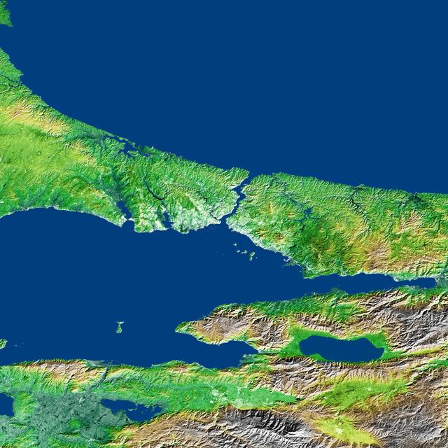 NASA image: Shaded Relief and Radar Image with Color as Height, Bosporus Strait and Istanbul, Turkey