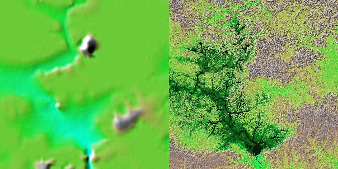 These two images show exactly the same area, Lake Balbina near Manaus, Brazil. The image on the left was created using the best global topographic data set previously available, the U.S. Geological Survey GTOPO30.