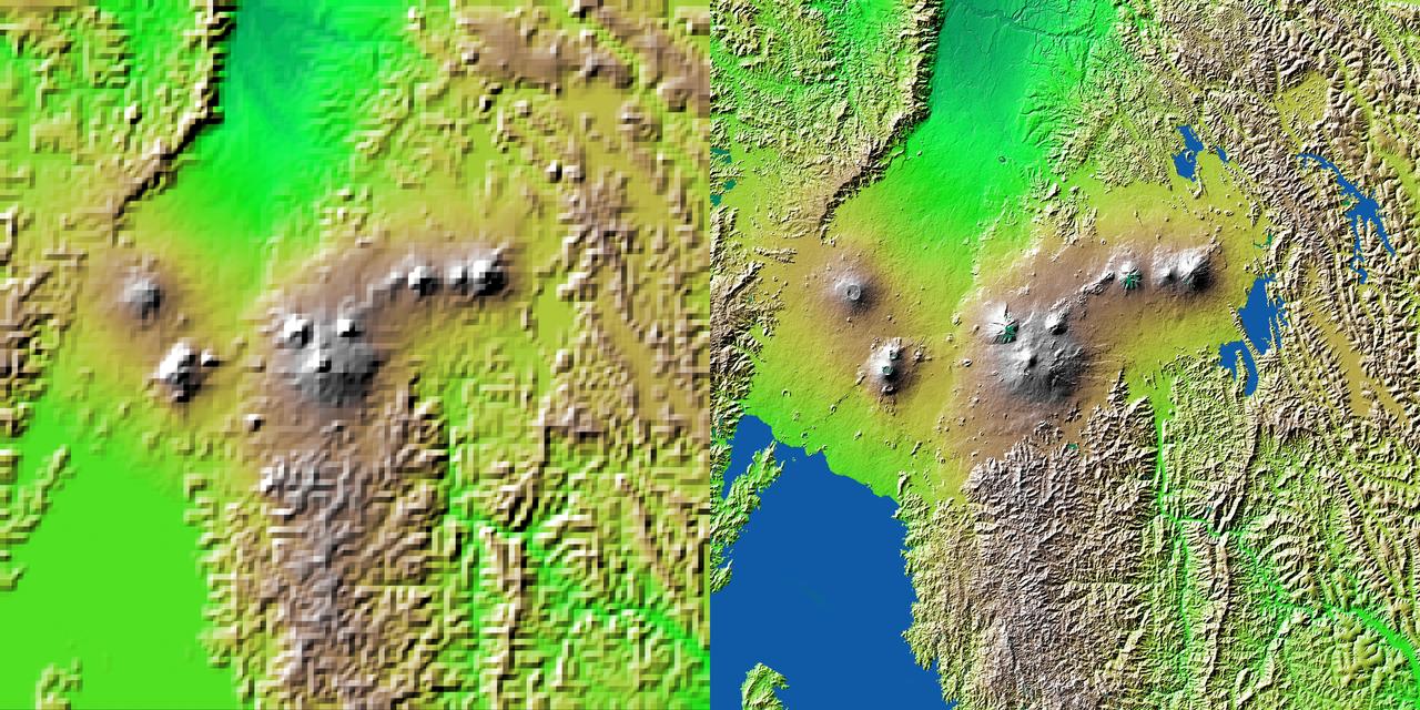 Volcanic, tectonic, erosional and sedimentary landforms are all evident in this comparison of two elevation models of a region along the East African Rift at Lake Kivu. The area shown covers parts of Congo, Rwanda and Uganda.