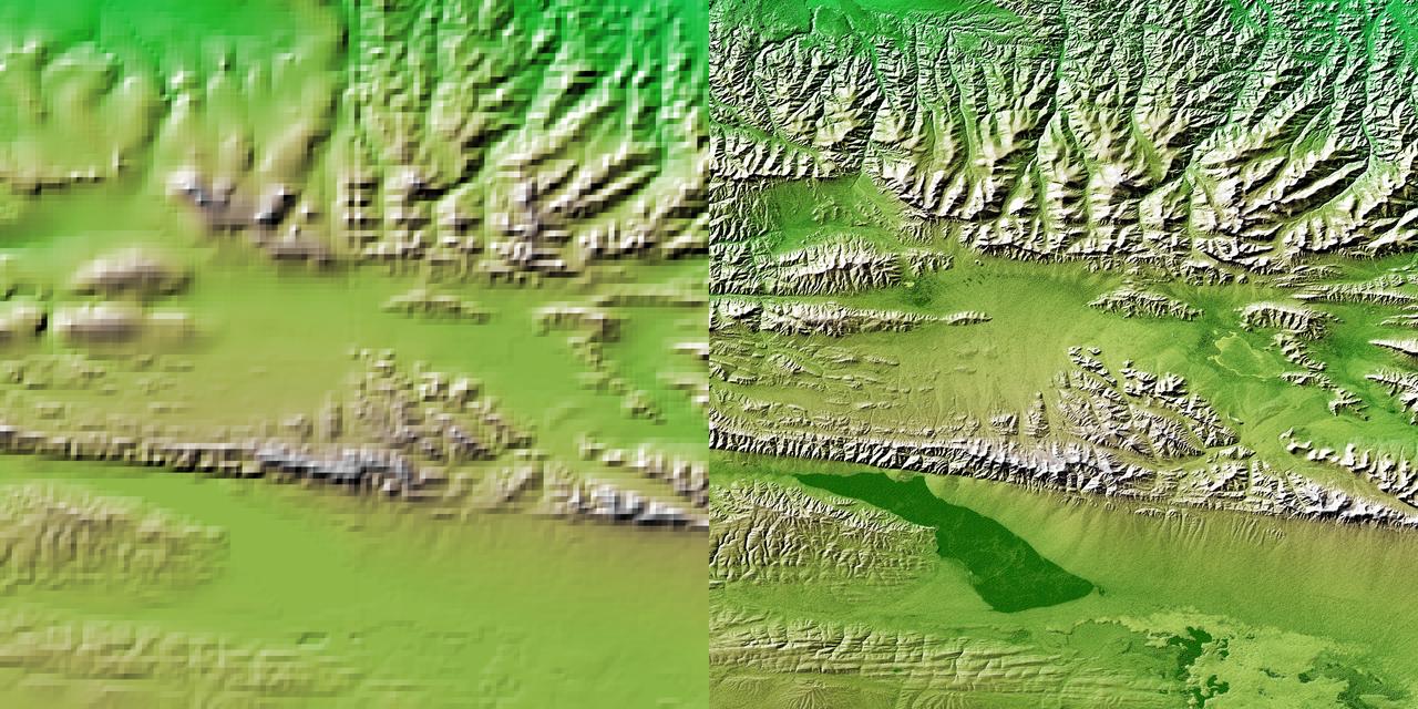 These two images show exactly the same area, part of the Kunlun fault in northern Tibet. The image on the left was created using the best global topographic data set previously available, the U.S. Geological Survey GTOPO30.