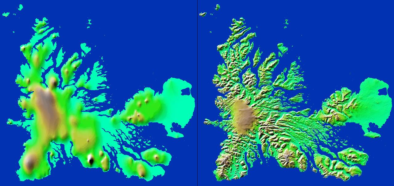 These two images show exactly the same area, Kerguelen Island in the southern Indian Ocean. The image on the left was created using the best global topographic data set previously available, the U.S. Geological Survey GTOPO30.