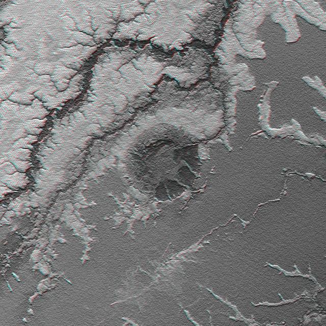 NASA image: Anaglyph: Shaded Relief and Height as Brightness, Iturralde Structure, Bolivia