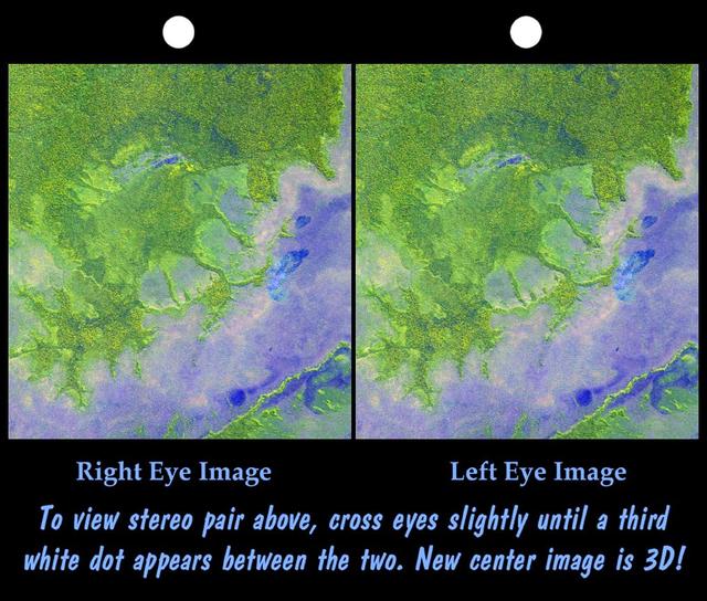 An 8-kilometer 5-mile wide crater of possible impact origin is shown in this stereoscopic view of an isolated part of the Bolivian Amazon.