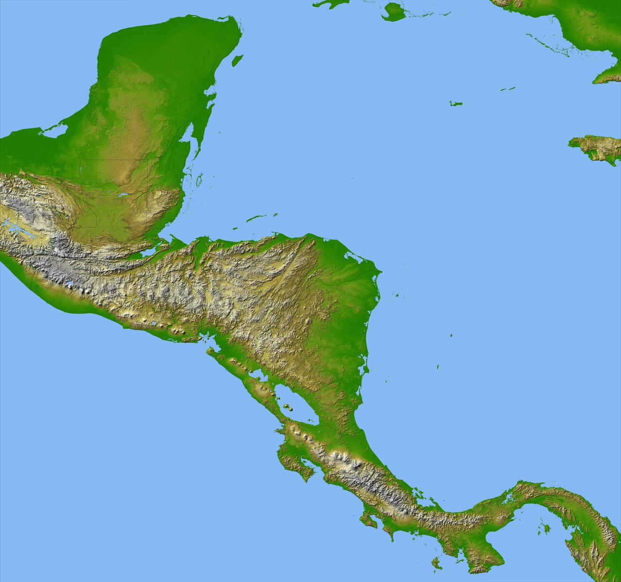 Panama, Costa Rica, Nicaragua, El Salvador, Honduras, Guatemala, Belize, southern Mexico and parts of Cuba and Jamaica are all seen in this image from NASA Shuttle Radar Topography Mission.