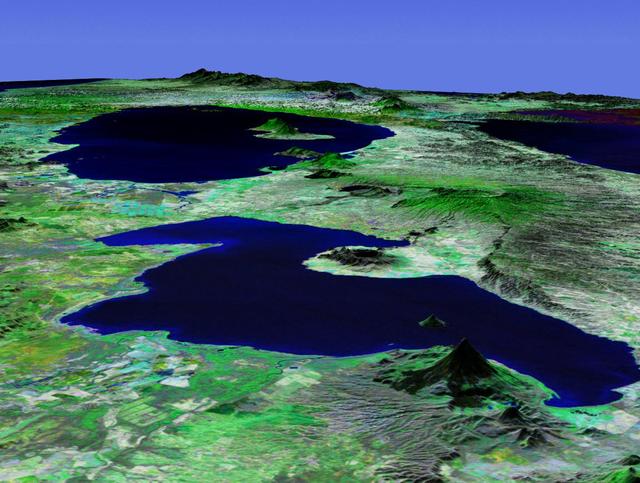 This perspective view acquired by NASA Shuttle Radar Topography Mission SRTM from data collected in the year 2000 shows Lakes Managua and Nicaragua near the Pacific coast of Nicaragua.