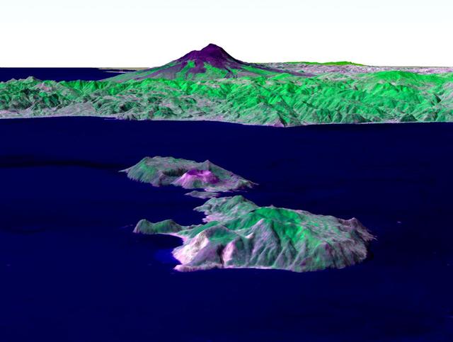 NASA image: Perspective View, Mt. Etna, Italy & the Aeolian Islands