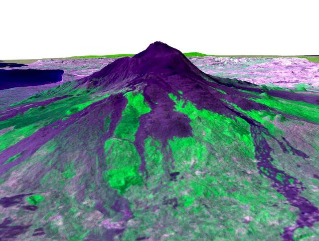 Italy's Mount Etna is the focus of this perspective view made from an Advanced Spaceborne Thermal and Emission Radiometer (ASTER) image from NASA's Terra spacecraft overlaid on Shuttle Radar Topography Mission (SRTM) topography. The image is looking south with dark lava flows from the 1600's (center) to 1981 (long flow at lower right) visible in the foreground and the summit of Etna above. The city of Catania is barely visible behind Etna on the bay at the upper left. In late October 2002, Etna erupted again, sending lava flows down the north and south sides of the volcano. The north flows are near the center of this view, but the ASTER image is from before the eruption.  In addition to the terrestrial applications of these data for understanding active volcanoes and hazards associated with them such as lava flows and explosive eruptions, geologists studying Mars find these data useful as an analog to martian landforms and geologic processes. In late September 2002, a field conference with the theme of Terrestrial Analogs to Mars focused on Mount Etna, allowing Mars geologists to see in person the types of features they can only sample remotely.  http://photojournal.jpl.nasa.gov/catalog/PIA03371