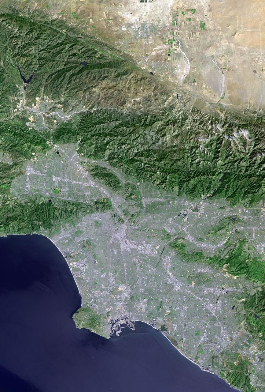 Los Angeles and vicinity seen from space, as viewed by NASA Landsat 7 satellite from an altitude of 437 miles on May 4, 2001.