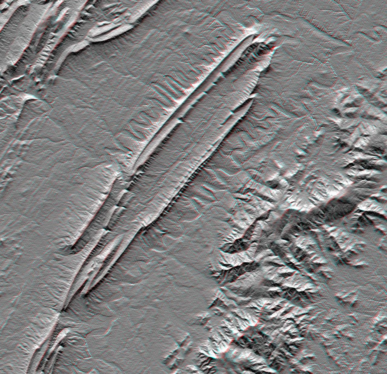 This anaglyph, from NASA Shuttle Radar Topography Mission, is of Massanutten Mountain in the Shenandoah Valley of northern Virginia. 3D glasses are necessary to view this image.