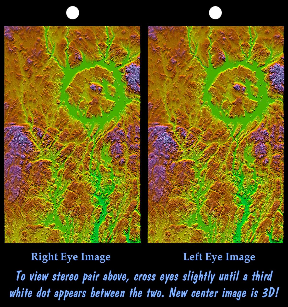 Stereo Pair, with Topographic Height as Color, Manicouagan Crater, Quebec, Canada