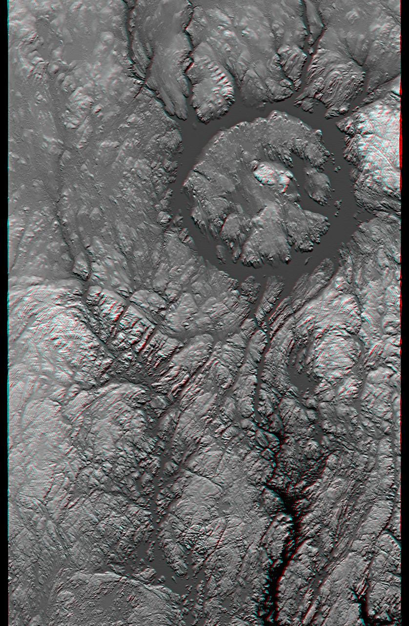 Manicouagan Crater is one of the world largest and oldest known impact craters and perhaps the one most readily apparent to astronauts in orbit. This anaglyph is from the instrument onboard NASA Shuttle Radar Topography Mission. 3D glasses needed.