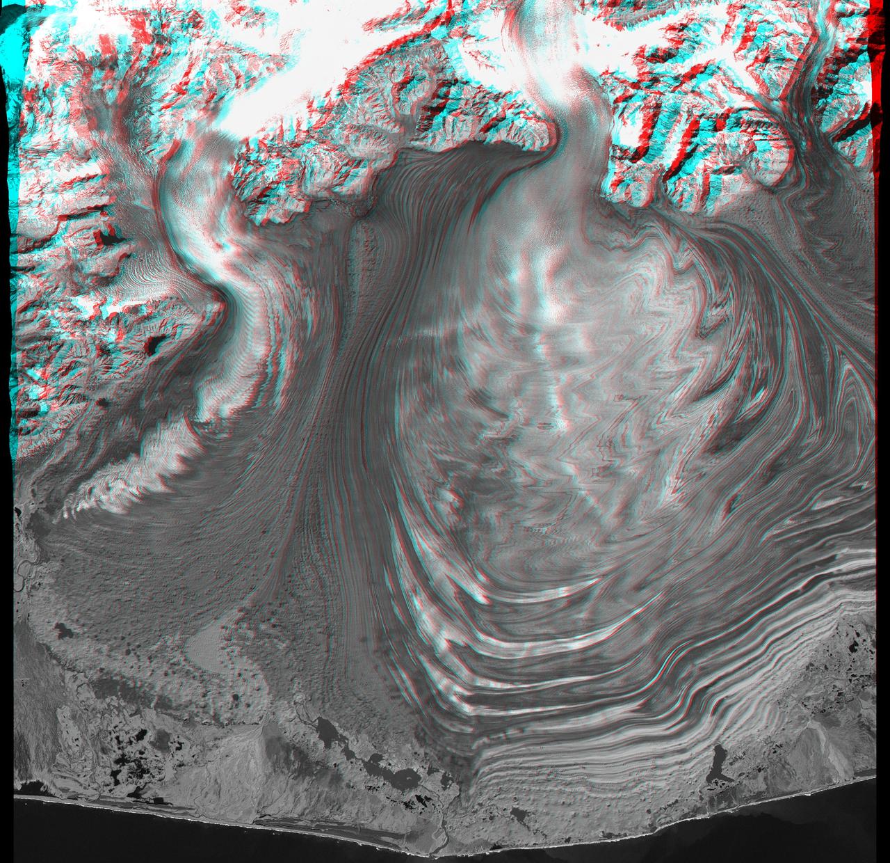 This anaglyph, from NASA Shuttle Radar Topography Mission, is of Malaspina Glacier in southeastern Alaska. 3D glasses are necessary to view this image.