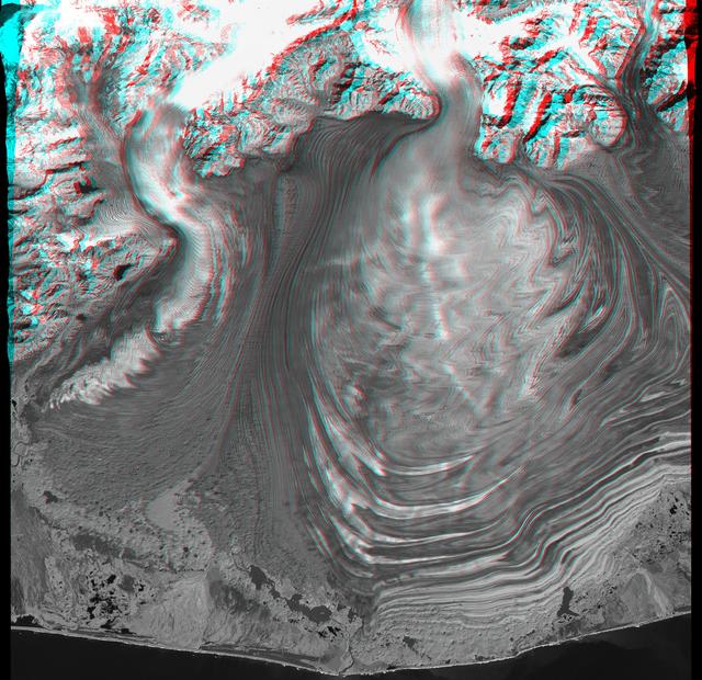 NASA image: Malaspina Glacier, Alaska, Anaglyph with Landsat Overlay