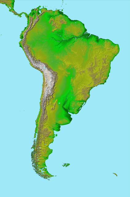 NASA image: South America, Shaded Relief and Colored Height