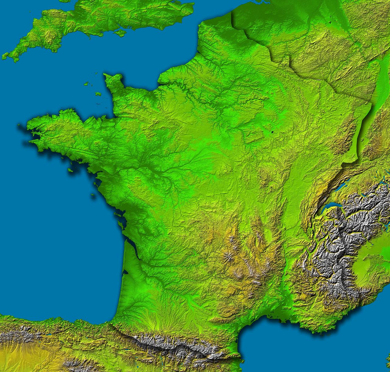 This image of France was generated with data from NASA Shuttle Radar Topography Mission SRTM.