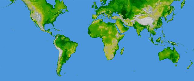 NASA image: World in Mercator Projection, Shaded Relief and Colored Height