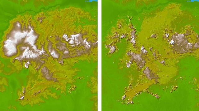 These two images show exactly the same area in South America, the Guiana Highlands straddling the borders of Venezuela, Guyana and Brazil.