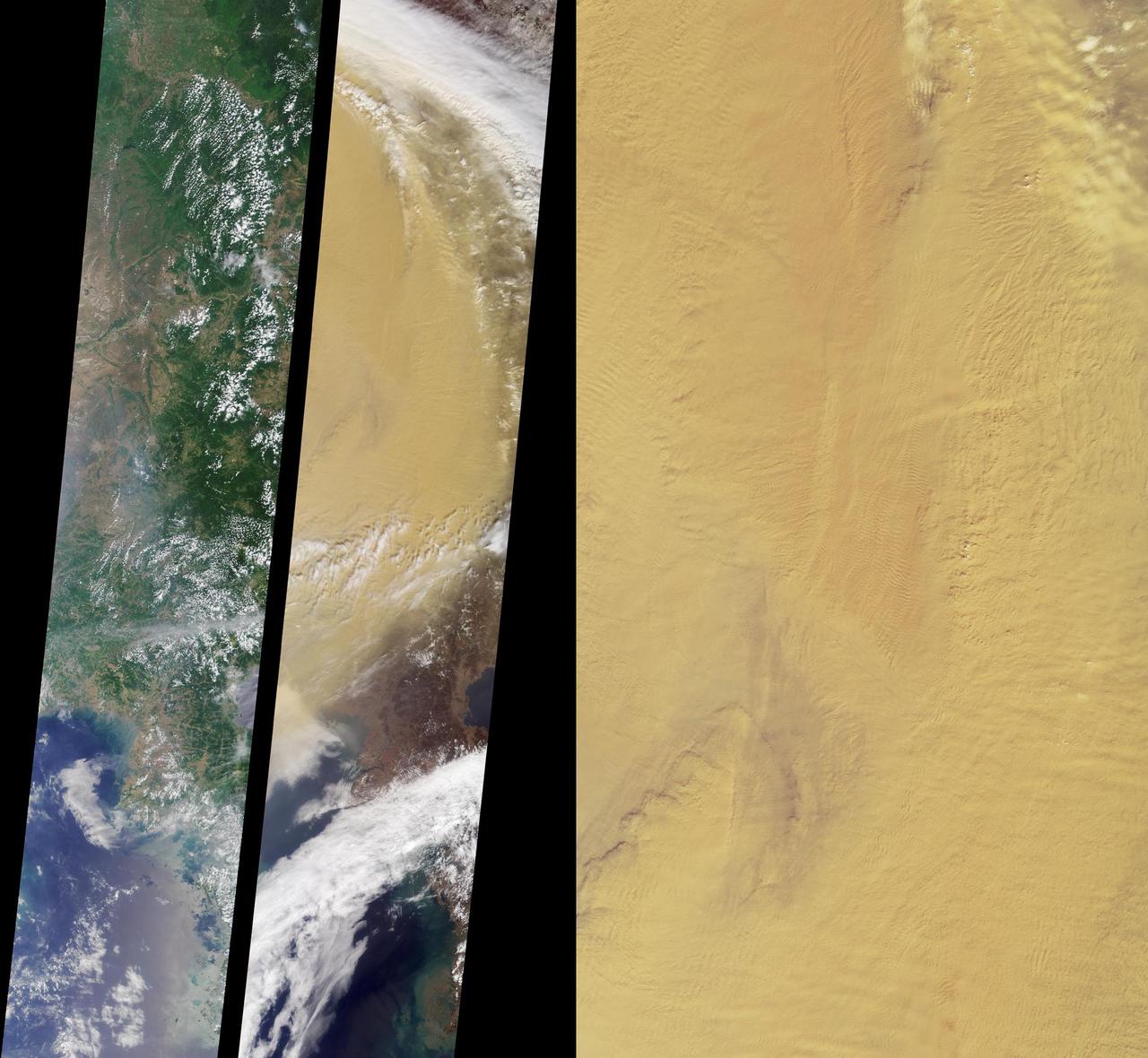 These images from NASA Terra satellite eastern China compare a somewhat hazy summer view from July 9, 2000 left with a spectacularly dusty spring view from April 7, 2001 middle.