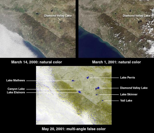 This image from NASA Terra satellite of Diamond Valley Lake Reservoir, near the city of Hemet in Riverside County, billed as the largest earthworks construction project in U.S.history.