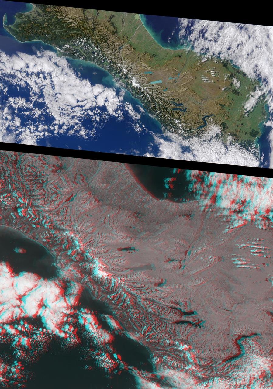 This anaglyph from the MISR instrument aboard NASA Terra spacecraft shows the rugged Southern Alps extending some 650 kilometers along the western side of New Zealand South Island. 3D glasses are necessary to view this image.