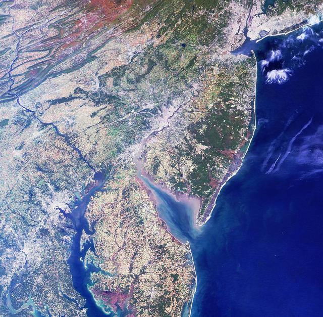 Philadelphia lies in the center of this image from NASA Terra satellite. Larger cities, including New York, Newark, Philadelphia, Wilmington, Baltimore and Washington D.C., are visible from upper right to lower left. 