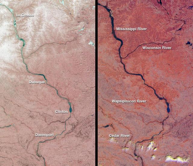 The mighty Mississippi River, from its source at Lake Itasca, Minnesota to the Gulf of Mexico, is approximately 3780 kilometers long and has flooded many times during its history. NASA Terra satellite acquired these images one month apart in 2001.